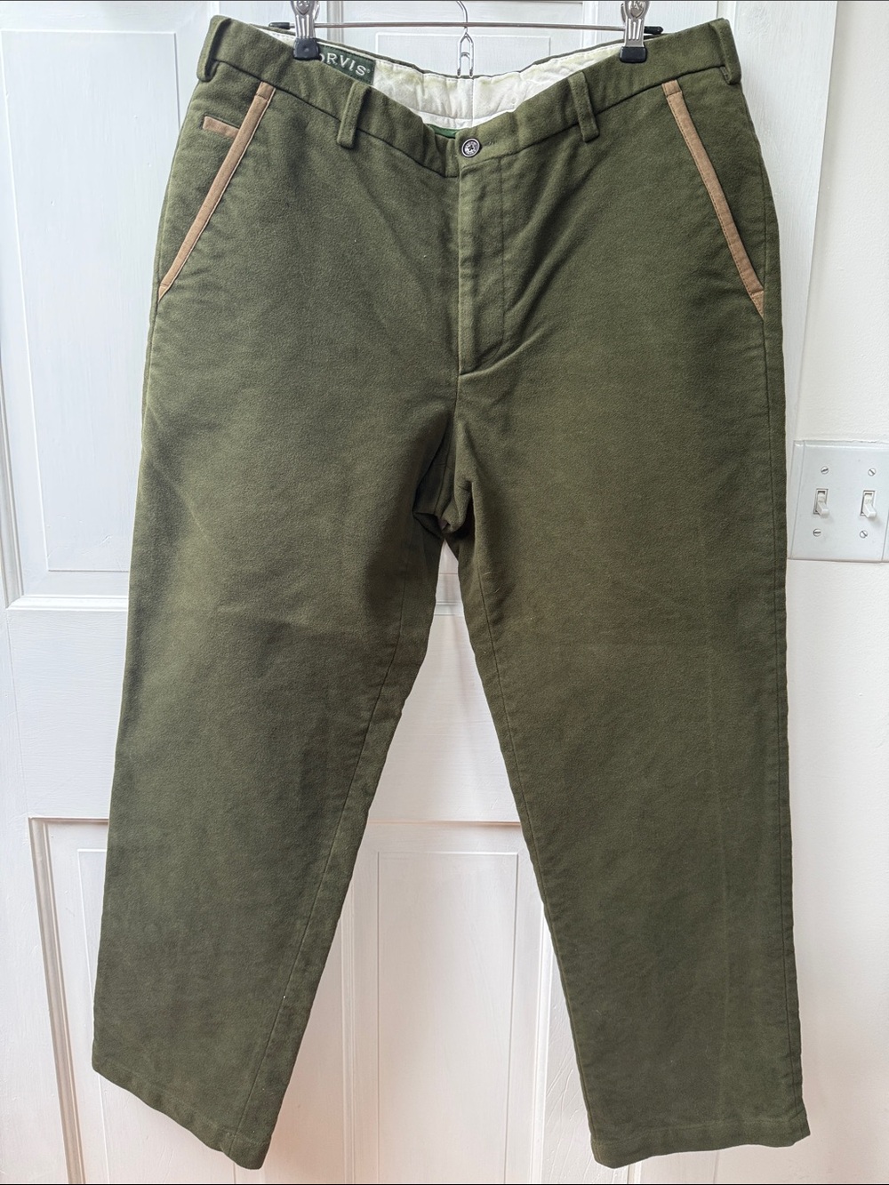 Orvis Olive Green Chinos with Tan Pocket Trim